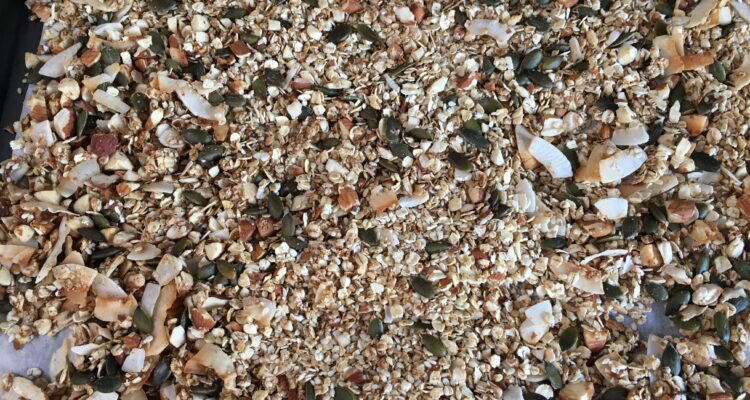 close up of granola on a tray